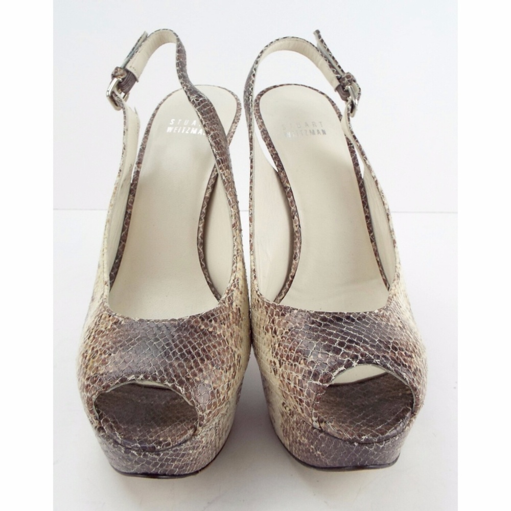 STUART WEITZMAN Grey Snake Platform Sling Back Open Toe Vevey Heels Pumps 8.5